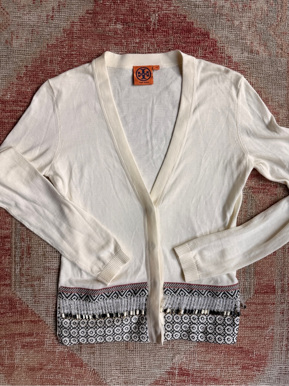 Tory Burch Cream Open-Front Cardigan with Black & Pink Trim